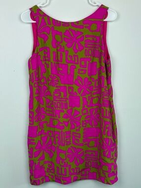 Alice & Trixie Pink & Olive Graphic Sleeveless Shift Dress 100% silk sz Med mod